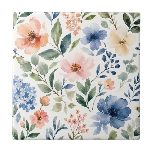 Watercolor Wildflower Pattern Modern Botanical Ceramic Tile (Front)