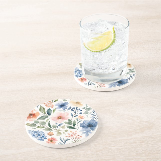 Watercolor Wildflower Pattern Modern Botanical Coaster (Side)