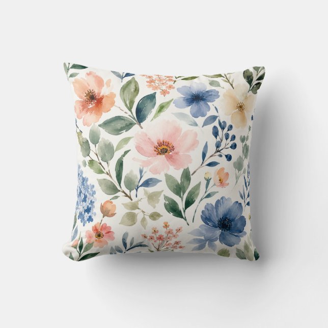 Watercolor Wildflower Pattern Modern Botanical Cushion (Front)