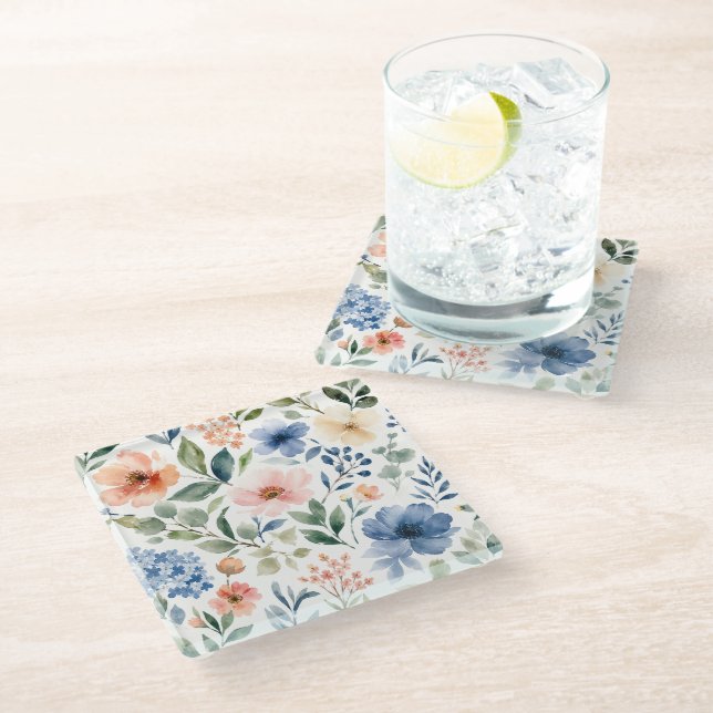 Watercolor Wildflower Pattern Modern Botanical Glass Coaster (Angled)