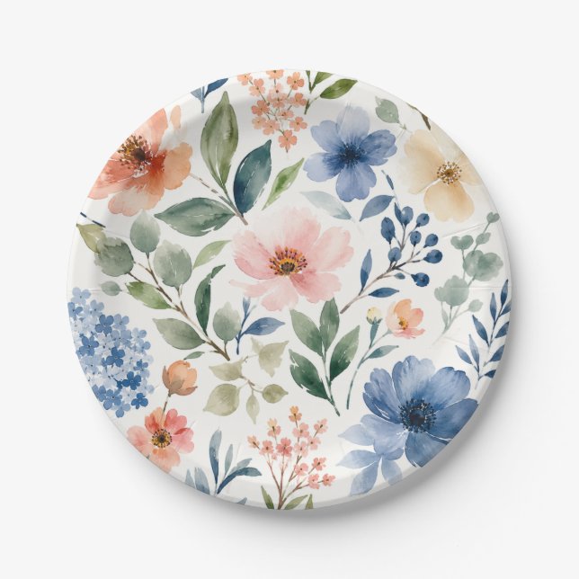 Watercolor Wildflower Pattern Modern Botanical Paper Plate (Front)