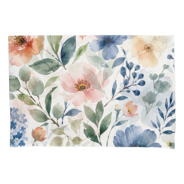 Watercolor Wildflower Pattern Modern Botanical Pillowcase (Front)