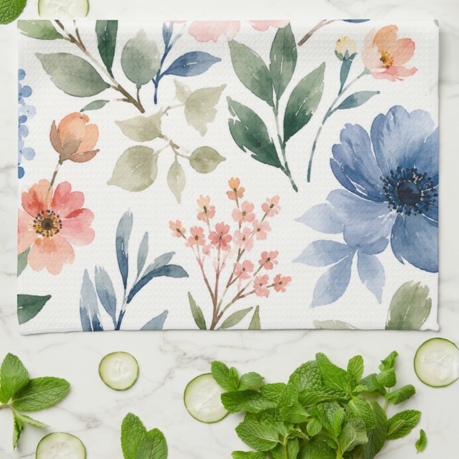 Watercolor Wildflower Pattern Modern Botanical Tea Towel (Folded)