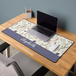 Watercolor Wildflower Pattern Script Name Purple Desk Mat