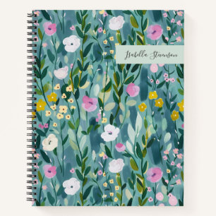 Watercolor Wildflower Personalised Sketchbook Teal Notebook