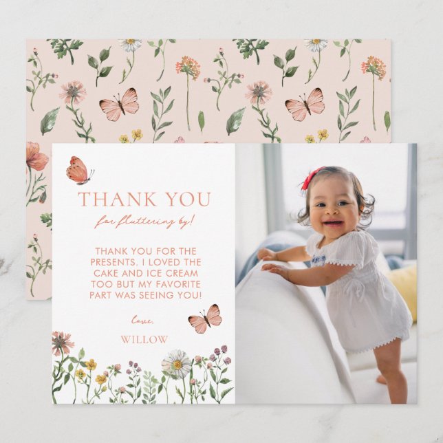 Watercolor Wildflower Photo Birthday  Thank You Card (Front/Back)