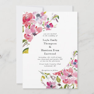Watercolor Wildflower pink blooms Wedding Invitation