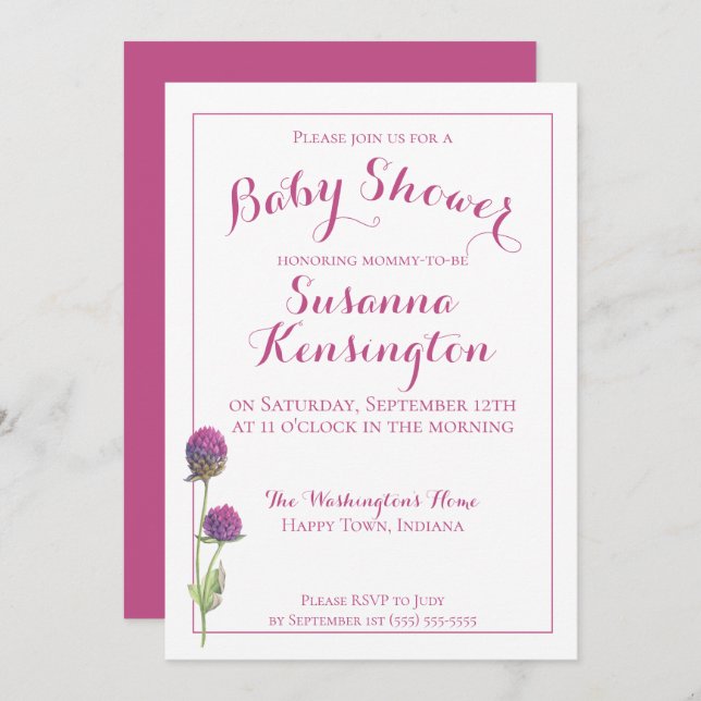 Watercolor Wildflower Pink Floral Baby Shower Invitation (Front/Back)