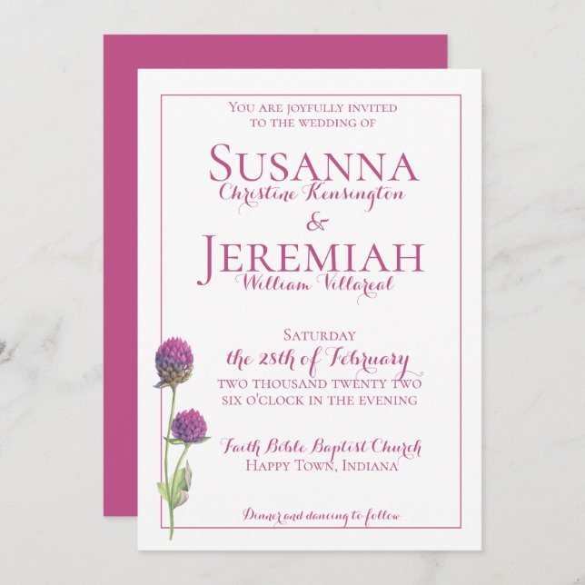 Watercolor Wildflower Pink Floral Wedding Invitation (Front/Back)