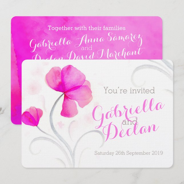 Watercolor wildflower pink wedding invite (Front/Back)