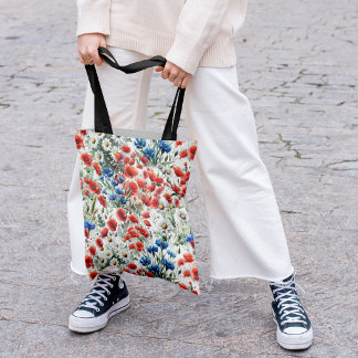 Watercolor Wildflower Poppy Daisy All Over Tote Ba Bag
