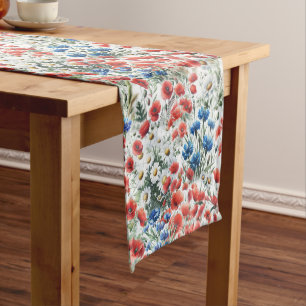 Watercolor Wildflower Poppy Daisy Table Runner