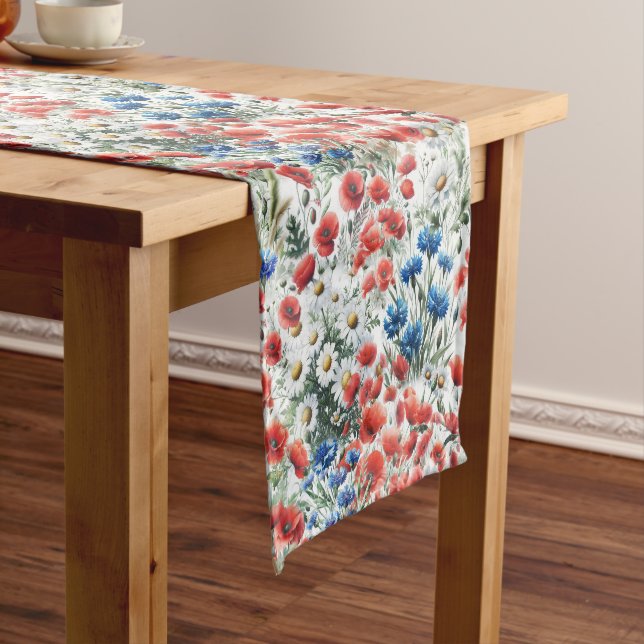 Watercolor Wildflower Poppy Daisy Table Runner (In Situ)