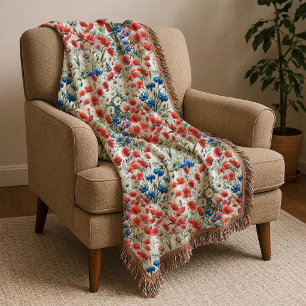 Watercolor Wildflower Poppy Daisy Throw Blanket