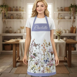 Watercolor Wildflower Purple Monogram Name Apron
