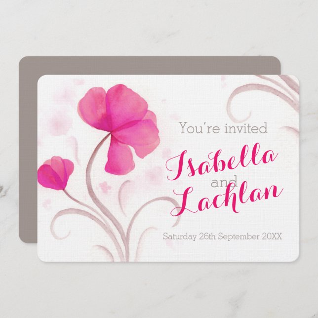 Watercolor wildflower red pink grey white wedding invitation (Front/Back)