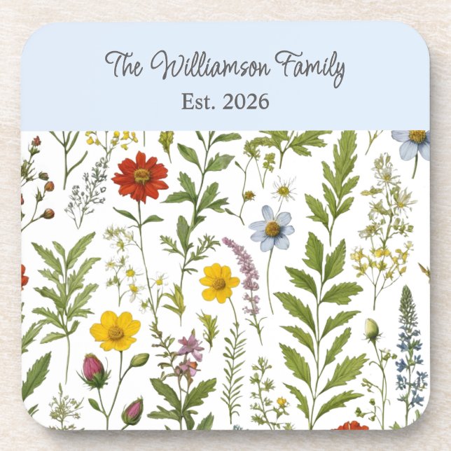 Watercolor Wildflower Rustic Floral Personalized Coaster (Front)
