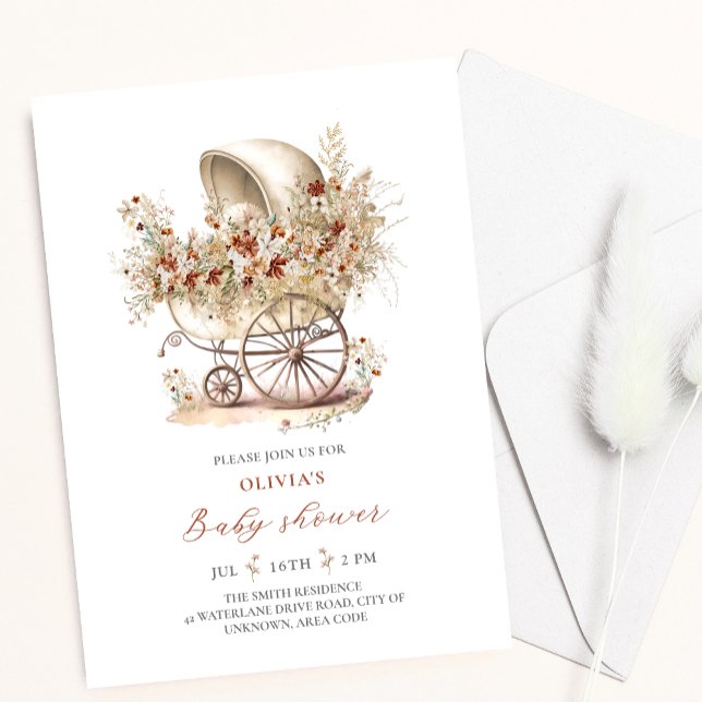 Watercolor wildflower stroller pram Baby Shower Invitation (Creator Uploaded)