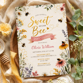 Watercolor Wildflower Sweet as Can Bee Baby Shower Invitation