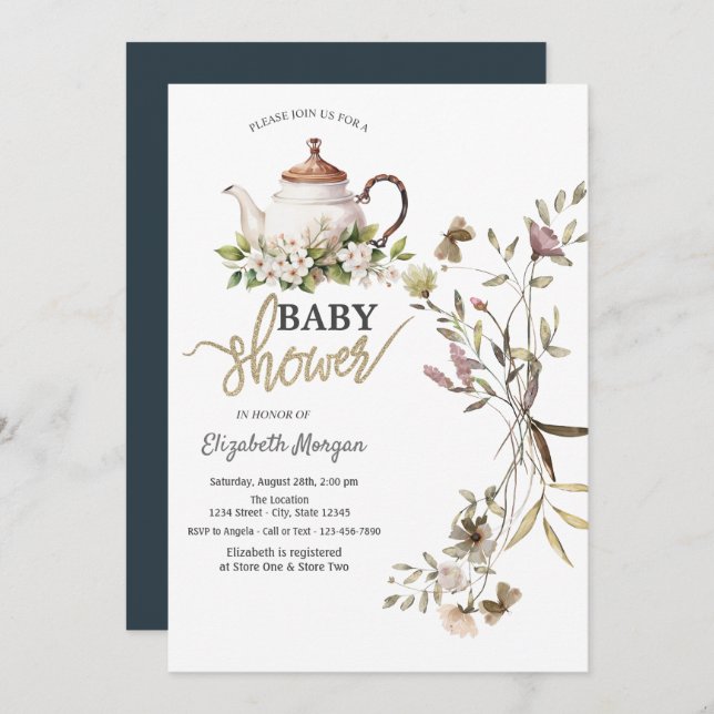 Watercolor Wildflower Tea Pot Baby Shower Invitation (Front/Back)