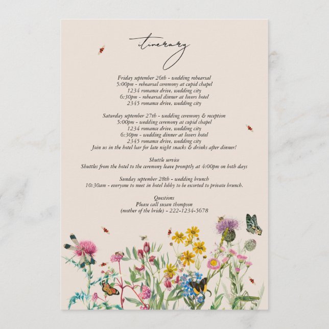 Watercolor Wildflower Wedding  Itinerary Program (Back)