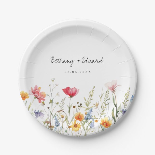 Watercolor Wildflower Wedding Paper Plates (Front)