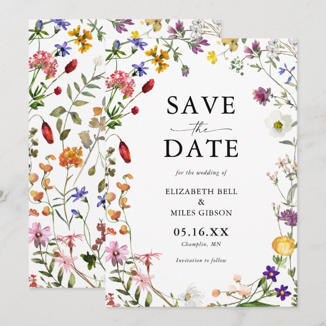 Watercolor Wildflower Wedding Save the Date Invitation (Front/Back)