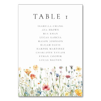 Watercolor Wildflower Wedding  Table Number
