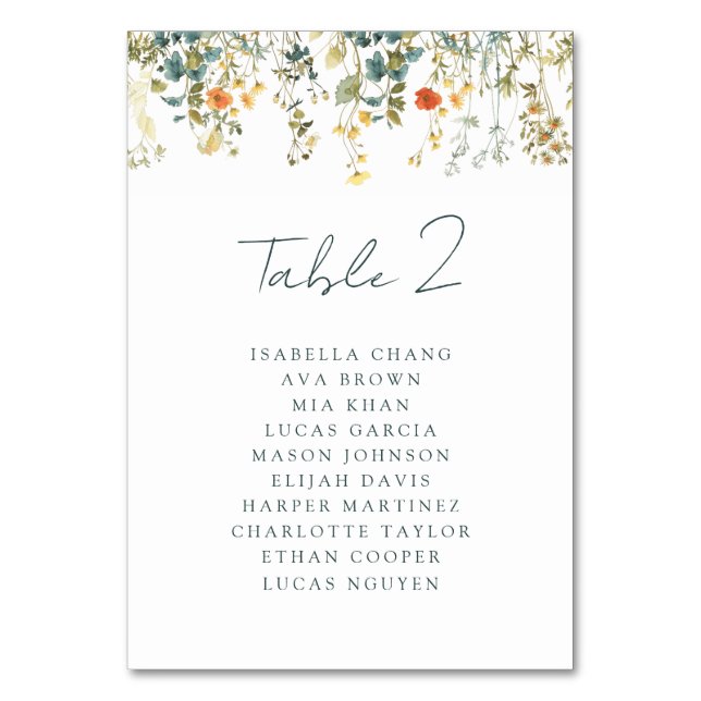 Watercolor Wildflower Wedding Table Number (Front)