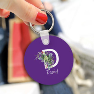 Watercolor wildflower white monogram purple key ring