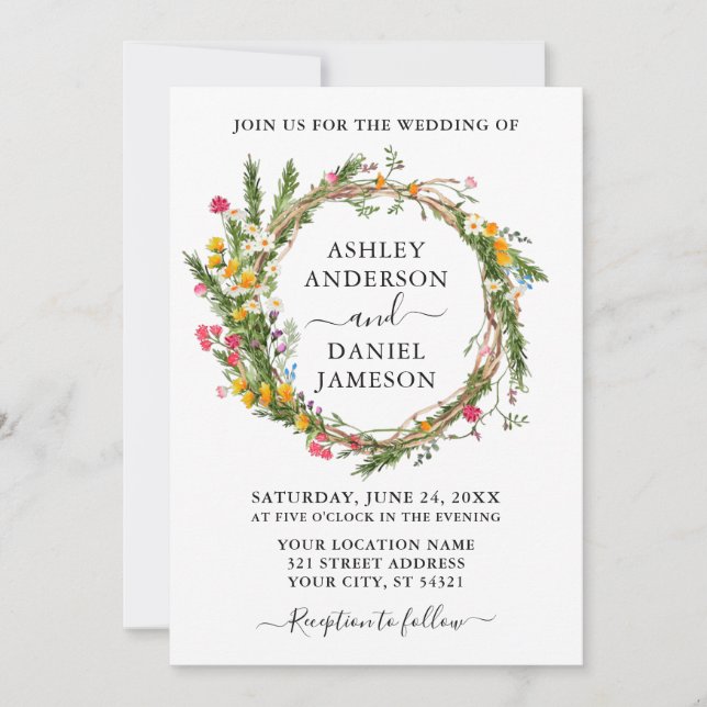 Watercolor Wildflower Wood Wreath Wedding Invitation (Front)