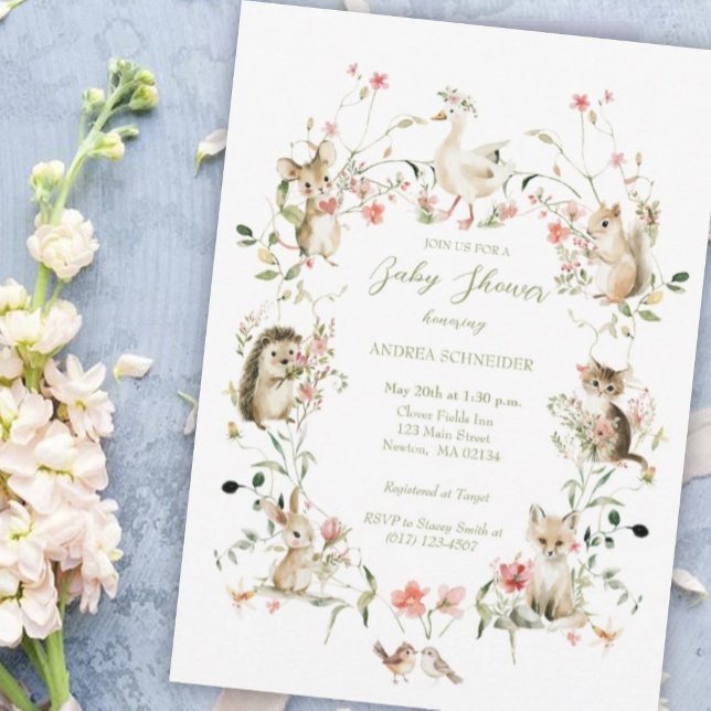 Watercolor Wildflower Woodland Animals Baby Shower Invitation (Creator Uploaded)