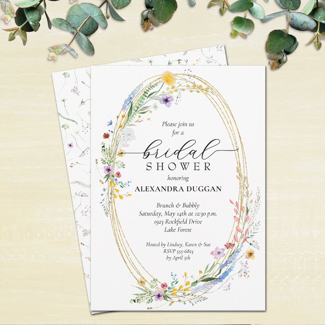 Watercolor Wildflower Wreath Bridal Shower Invitation (Watercolor wreath of wildflowers bridal shower invitations - INSTANT DOWNLOAD, PRINTED or both)