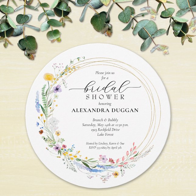 Watercolor Wildflower Wreath Bridal Shower Round Invitation (Watercolor wildflower wreath bridal shower round invitations)