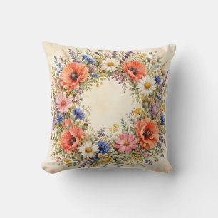 Watercolor Wildflower Wreath Cottage Garden Cushion