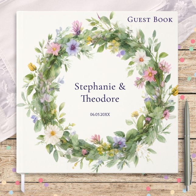 Watercolor Wildflower Wreath Personalised Wedding Guest Book (A personalized wedding guest book with a wildflower wreath design in a watercolor style)