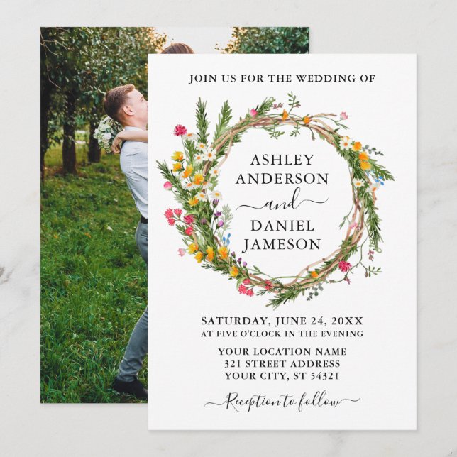 Watercolor Wildflower Wreath Photo Wedding Invitation (Front/Back)