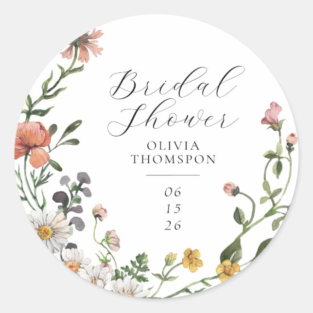 Watercolor Wildflower Wreath Script Bridal Shower Classic Round Sticker (Front)