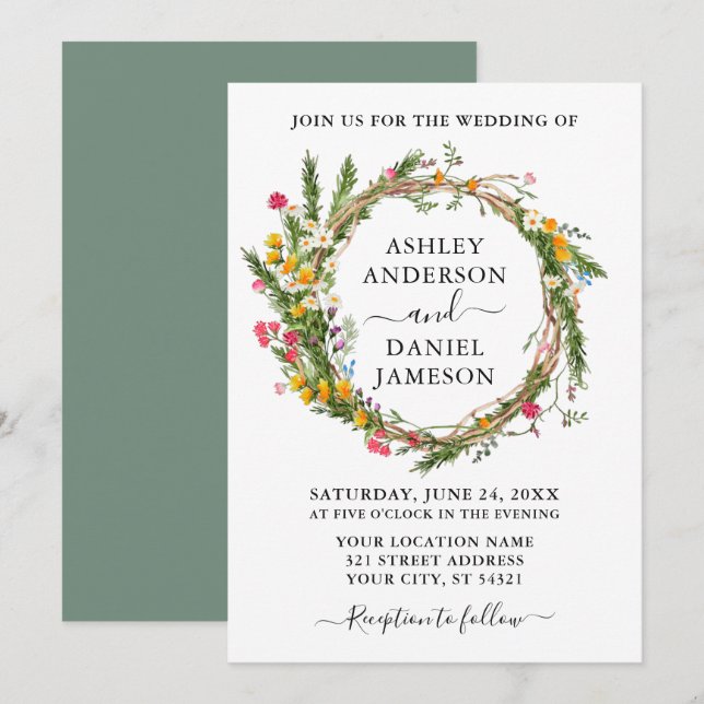 Watercolor Wildflower Wreath Wedding Sage Green Invitation (Front/Back)