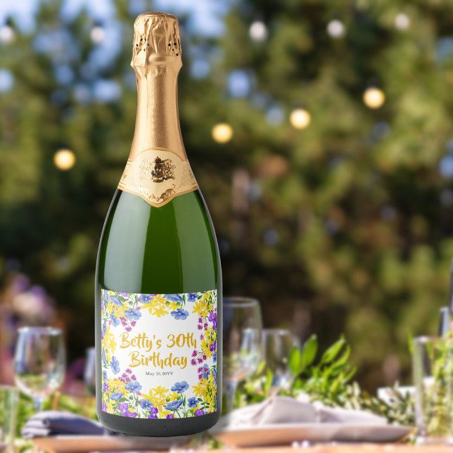 Watercolor Wildflowers 30th Birthday Party Sparkling Wine Label (Creator Uploaded)