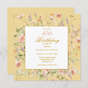 Watercolor Wildflowers 40th Yellow Birthday Invitation