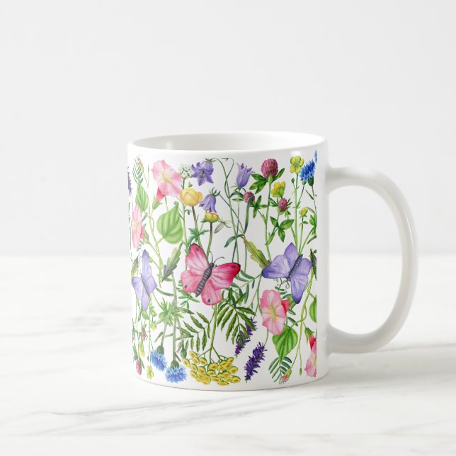 Watercolor Wildflowers and Butterflies Colourful Coffee Mug (Right)