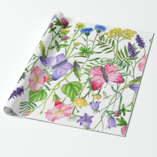 Watercolor Wildflowers and Butterflies Colourful Wrapping Paper