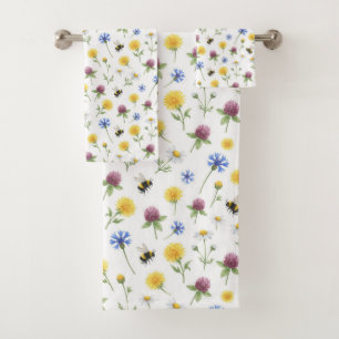 Watercolor Wildflowers and Honeybees  Bath Towel Set