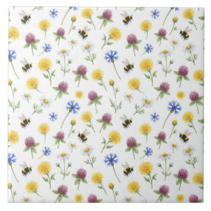 Watercolor Wildflowers and Honeybees Ceramic Tile