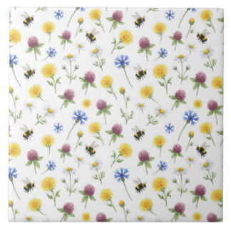 Watercolor Wildflowers and Honeybees Ceramic Tile