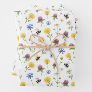 Watercolor Wildflowers and Honeybees Wrapping Paper Sheet