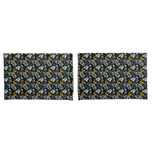 Watercolor wildflowers and leaves pattern on black pillowcase