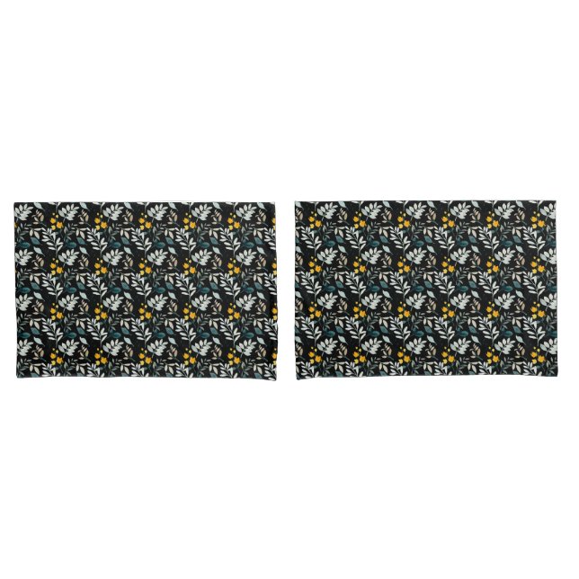 Watercolor wildflowers and leaves pattern on black pillowcase (Front-Set)