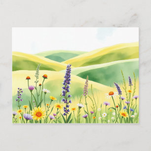 Watercolor Wildflowers and Rolling Meadow Hills Postcard